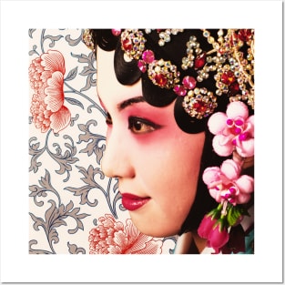 Chinese Opera Star Blue with Pastel Traditional Floral Pattern- Hong Kong Retro Posters and Art